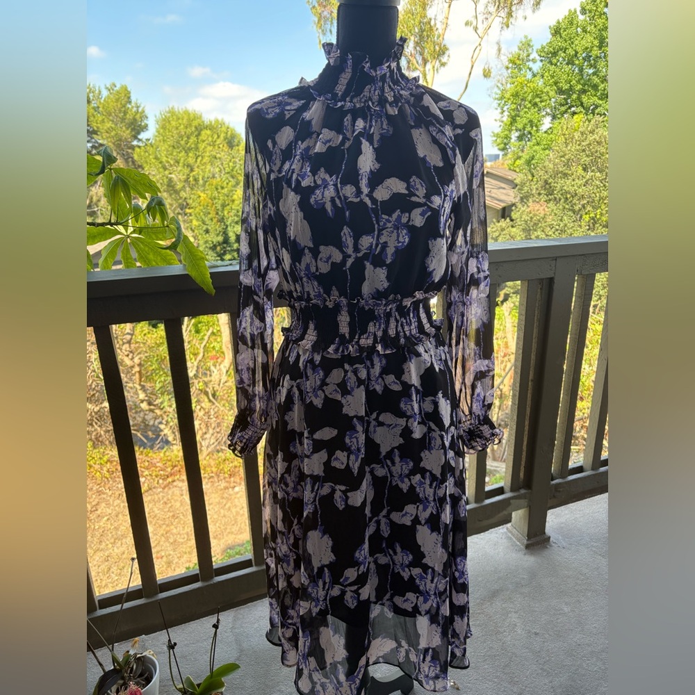 NWT CAARA Sheer High Neck Floral Print Midi Dress purple black size XS